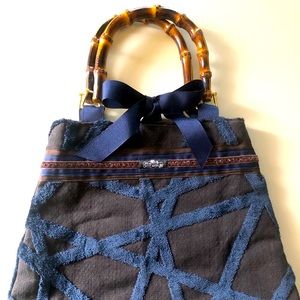 Two Crazy Daisies Purse Blue Velvet /Bamboo Handle